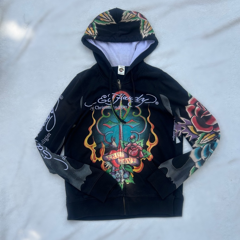 Ed Hardy Christian Audgier| Ankh | rose |zip up jacket Medium